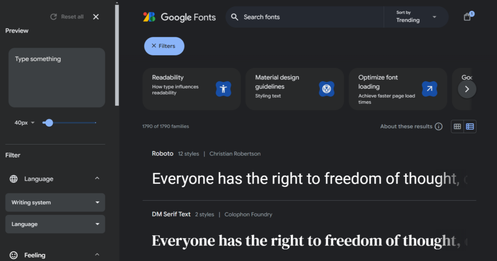Главная страница Google Fonts